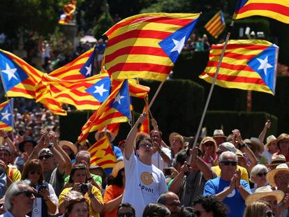 Una manifestació del 2017 amb diverses estelades.