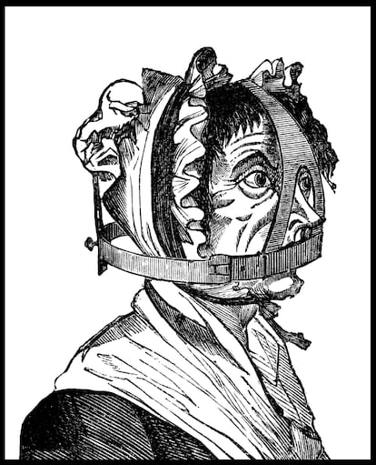La ilustración del libro 'Castigos pasados', de 1899, muestra una mascarilla de tortura con la que se castigaba a las mujeres por hablar demasiado.