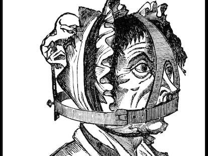La ilustración del libro 'Castigos pasados', de 1899, muestra una mascarilla de tortura con la que se castigaba a las mujeres por hablar demasiado.