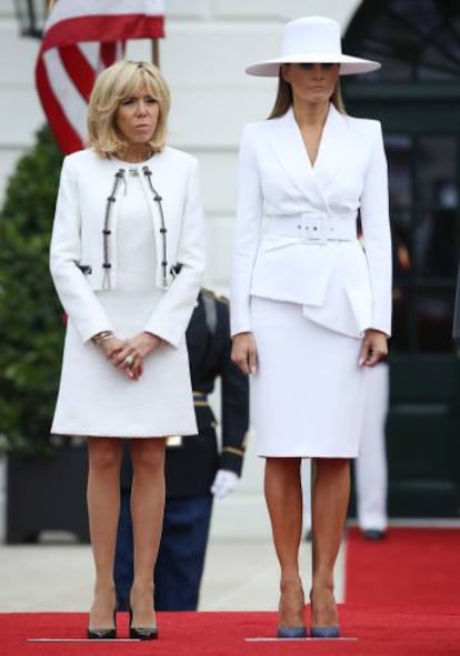 Las primeras damas francesa y estadounidense durante la ceremonia oficial de bienvenida celebrada en la Casa Blanca.