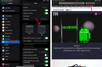 Activa las 'pestañas compactas' en Safari para iPad.