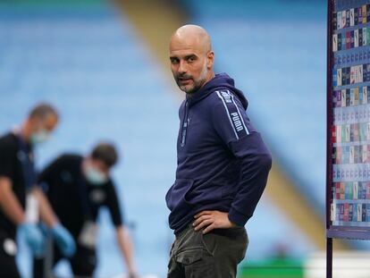 Guardiola, tras uno de los partidos jugados tras la reanudación en el Etihad Stadium.