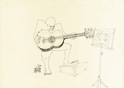 Desenho sem nome, do músico britânico John Lennon, de um guitarrista com quatro olhos, a tinta. Estima-se que este objeto alcançará um valor entre 11.027 e 18.378 euros.