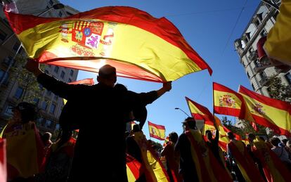 Un hombre sostiene una bandera de España durante la manifestación.