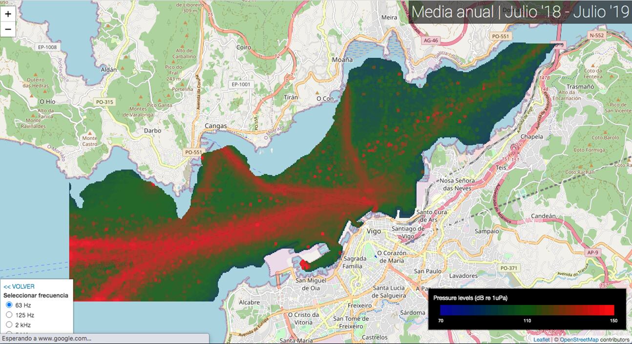 El nivel medio de ruido en la banda de 63 Hz de frecuencia, entre julio de 2018 y junio de 2019. Los trazos rojos reflejan las rutas más frecuentes de los barcos. El autor de la herramienta es David Santos, al que Soledad Torres-Guijarro dirigió la tesis.