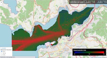 Average noise level in the 63 Hz frequency band between July 2018 and June 2019; the red areas indicate shipping routes. The mapping tool was created by David Santos for his thesis, which Soledad Torres-Guijarro directed. 