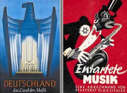 Cartel de 1938 que identifica a Alemania como "país de la música". A la derecha, cartel de la exposición <i>Música degenerada.</i>