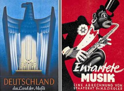 Cartel de 1938 que identifica a Alemania como "país de la música". A la derecha, cartel de la exposición <i>Música degenerada.</i>