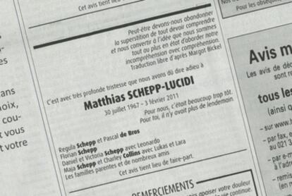 El diario suizo <i>24 Heures</i> publicó la esquela de Matthias Schepp, que se suicidó el día 3 de febrero tras desaparecer con sus hijas Alessia y Livia