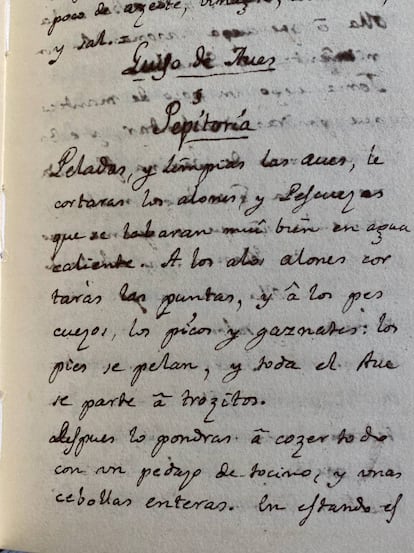 Receta de pepitoria del manuscrito del cocinero navarro Antonio Salsete. Estimado primer tercio del XVIII. J. C. CAPEL