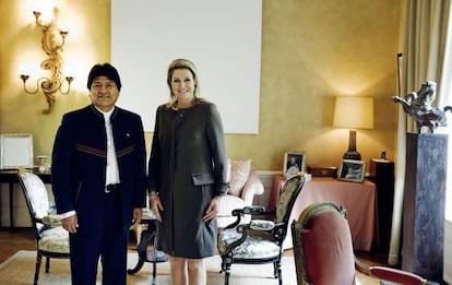 La reina M&aacute;xima de Holanda recibe a Evo Morales hoy en su residencia.