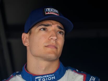 Alex Palou, of Spain, sits in his pit box during a practice session for the IndyCar Indianapolis GP auto race at Indianapolis Motor Speedway, Friday, Aug. 11, 2023, in Indianapolis. (AP Photo/Darron Cummings)