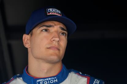 Alex Palou, of Spain, sits in his pit box during a practice session for the IndyCar Indianapolis GP auto race at Indianapolis Motor Speedway, Friday, Aug. 11, 2023, in Indianapolis. (AP Photo/Darron Cummings)