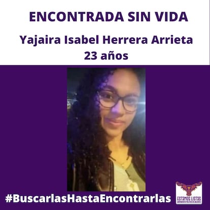 Un cartel del movimiento político feminista Estamos Listas con información sobre Yajaira Herrera.