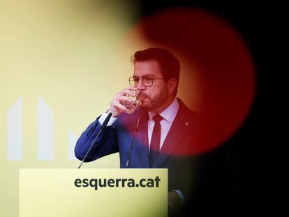 El 'president' en funciones de la Generalitat, Pere Aragonès, el lunes 13 de mayo, cuando anunció que no recogería su acta como diputado en el 'Parlament' de Cataluña.
