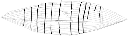 Modelo fotogramétrico de la nave, donde se observan las roturas que sufre.