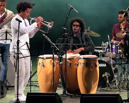 Trumpeter Carlos Sarduy and percussionist Adonis Panter, during their performance at the Jazz Plaza Festival in Havana. 