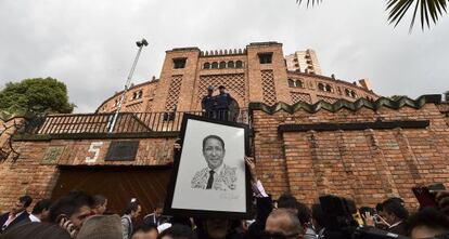 People protest the closure of La Santamaria bullring in Bogota.