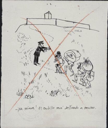 Uno de los dibujos que Cesc creó para el 'Diario de Barcelona' entre los años 1952 y 1962 y que la censura prohibió, con lápiz rojo incluido.