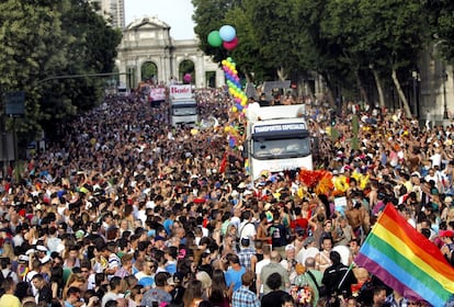 Manifestación del año pasado con la puerta de Alcalá al fondo. La Manifestación Estatal es el acto central del Orgullo LGTB en Madrid y está convocada por COGAM (Colectivo de Lesbianas, Gays, Transexuales y Bisexuales de Madrid) y FELGTB (Federación Estatal de Lesbianas, Gays, Transexuales y Bisexuales). Este año se espera que participe más de un millón de personas.