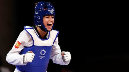 Adriana Cerezo, celebra el pase al combate por el oro en los Juegos de Tokio en la categoría de -49kg.