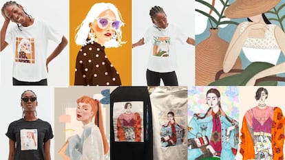 De arriba abajo y de izquierda a derecha, las obras de Poppy Magda, Marialaura Fedi, Janice Sung y Jeremy Combot, en camiseta y dibujo original. 