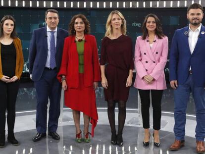 De izquierda a derecha: Irene Montero, de Podemos; Andoni Ortuzar, PNV; María Jesús Montero, de PSOE; Cayetana Álvarez de Toledo, del PP; Inés Arrimadas, de Ciudadanos, y Gabriel Rufián, de ERC.