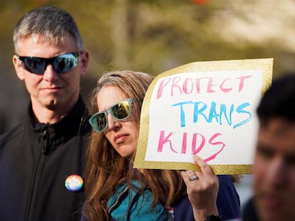 Demonstrators during a rally after Georgia's House and Senate voted to prohibit most medical treatments to minors that help affirm gender identity, in Atlanta, Georgia, March 20, 2023.