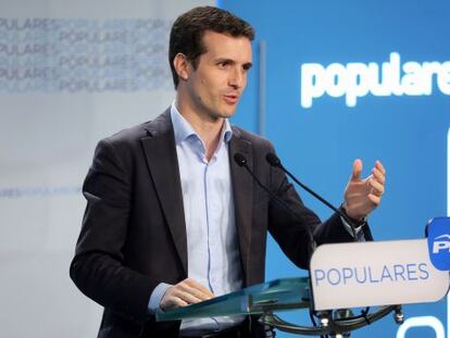 Pablo Casado, vicesecretario de Comunicación del PP, en rueda de prensa.