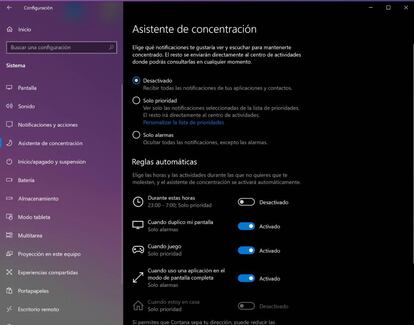 Asistente de concentración de Windows 10.