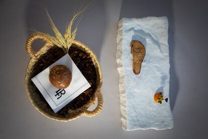 Foie escabechado en lías de uvas mantonegro, puré de albaricoque y coca de patata.