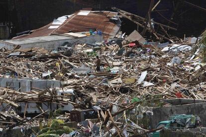 Un superviviente deambula, entre los destrozos causados por el tifón Yolanda, en la ciudad de Tacloban.)