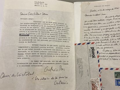 Imagen de la correspondencia entre Octavio Paz y Cristóbal Serra. El futuro premio Nobel mexicano da cuenta a Serra de la decisión de abandonar el diario 'Excelsior', donde se publicaba  la revista 'Plural', tras el golpe orquestado por el entonces presidente de México Luis Echevarría contra el director, Julio Scherer, y de seguir colaborando con el autor español. Paz fundaría la revista Vuelta, con Javier Ibargüengoitia, Salvador Elizondo, Carlos Monsivais y José Emilio Pacheco, entre otros.