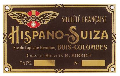 Placa de xassís de La Hispano-Suiza francesa, amb menció a les patents Birkigt.