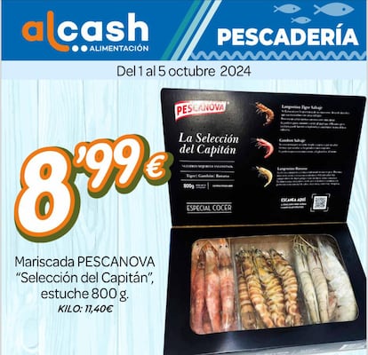 Mariscos de la marca Pescanova anunciados como oferta en los supermercados Alcash, en una imagen cedida por Facua. 