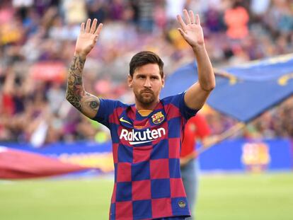 Messi, en la presentación de los jugadores durante el Gamper.