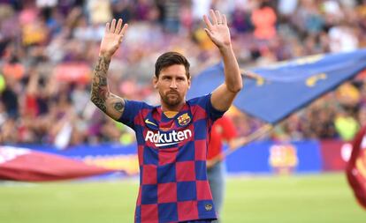 Messi, en la presentación de los jugadores durante el Gamper.