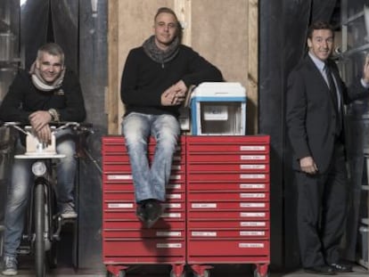 Left to right: Edu Sentís with the bike he designed; Stephane Espinosa with his Nitro Cooler; and Luis Ros, creator of a side mirror to improve safety.