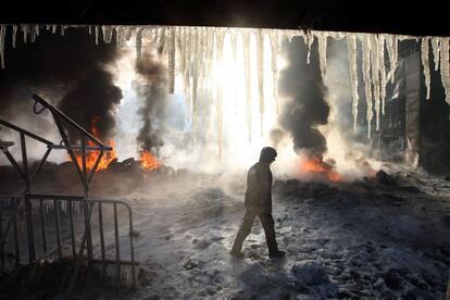 Un manifestante camina cerca de la quema de neumáticos. Ucrania se ha visto convulsionada por las protestas lideradas por activistas pro-europeas indignó que el presidente Viktor Yanukovich.