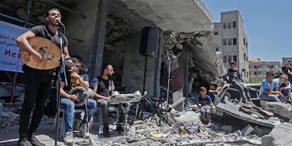 Los miembros de la banda palestina 'Dawaween', durante una protesta musical para boicotear el Festival de Eurovisión, que este año se celebra en Tel Aviv (Israel). 