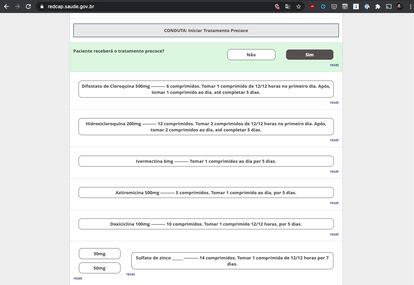 Captura de tela da plataforma TrateCov, do Ministério da Saúde.