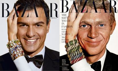 A la izquierda, Pedro Sánchez en la portada de diciembre de 'Harper's Bazaar'. A la derecha, Steve McQueen 50 años antes.