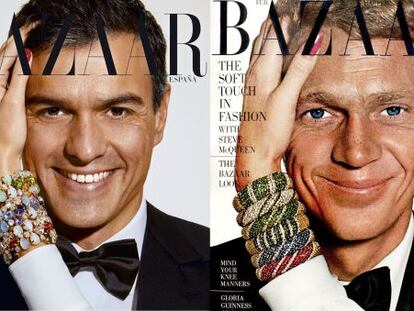 A la izquierda, Pedro Sánchez en la portada de diciembre de 'Harper's Bazaar'. A la derecha, Steve McQueen 50 años antes.