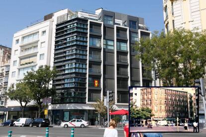 El edificio que ocupa hoy el número 103 de la calle de Alcalá y, en la imagen pequeña, el inmueble protegido que le precedió hasta su desaparición por "demolición total".