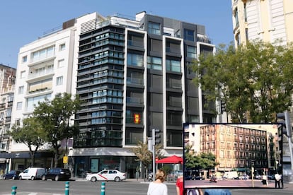 El edificio que ocupa hoy el número 103 de la calle de Alcalá y, en la imagen pequeña, el inmueble protegido que le precedió hasta su desaparición por "demolición total".