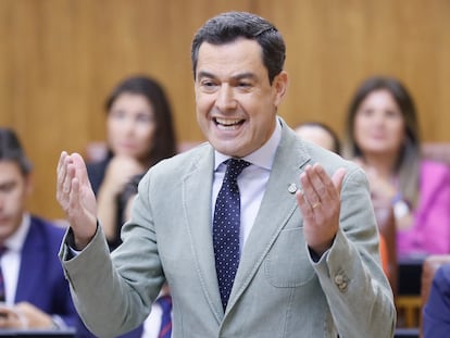 El presidente de la Junta, Juan Manuel Moreno, en una reciente sesión de control al Ejecutivo autonómico en el pleno del Parlamento andaluz.
