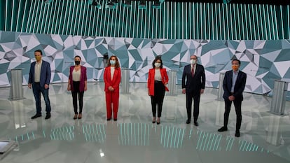 Los candidatos a las pasadas elecciones de la Comunidad de Madrid, en el único debate que mantuvieron todos el 21 de abril.