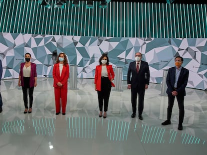 Los candidatos a las pasadas elecciones de la Comunidad de Madrid, en el único debate que mantuvieron todos el 21 de abril.