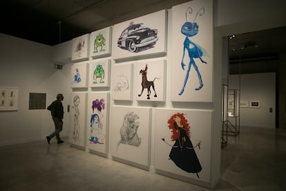Algunos de los diseños originales de la factoría de animación Pixar, en CaixaForum Sevilla. PACO PUENTES
