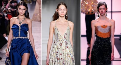 De izquierda a derecha: Blanca Padilla en el desfile de Elie Saab, un vestido con estampado de flores de Valentino y el escote palabra de honor de Armani Privé.